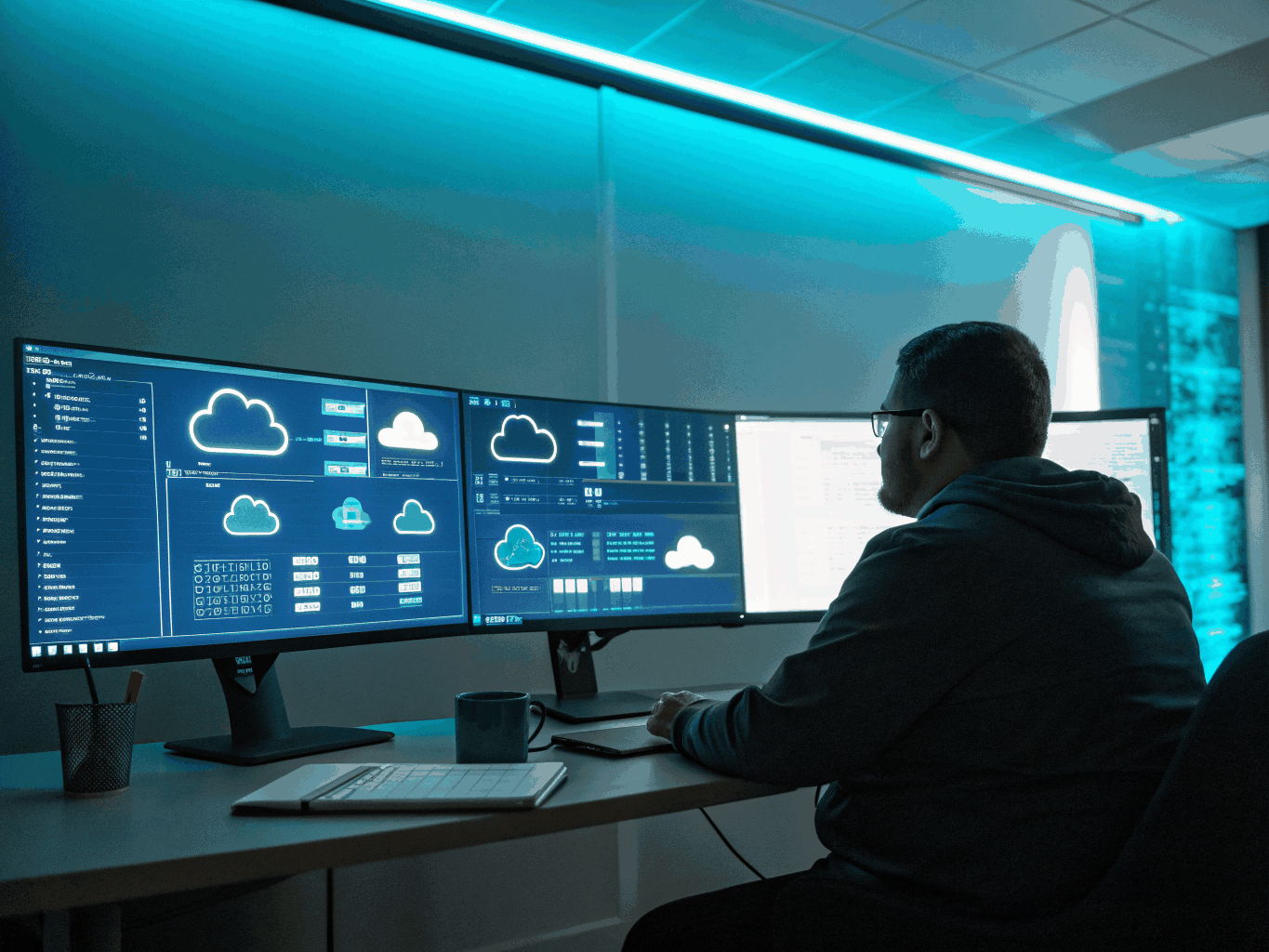 Senior DevOps engineer workstation in Kissimmee Florida displaying deployment pipeline dashboards.